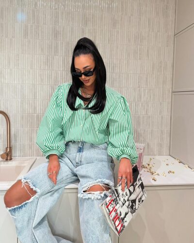 KOSZULA LAMILLA W PASKI - zielono-biała