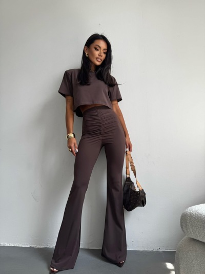 SPODNIE DZWONY Z MARSZCZNIEM - czekolada